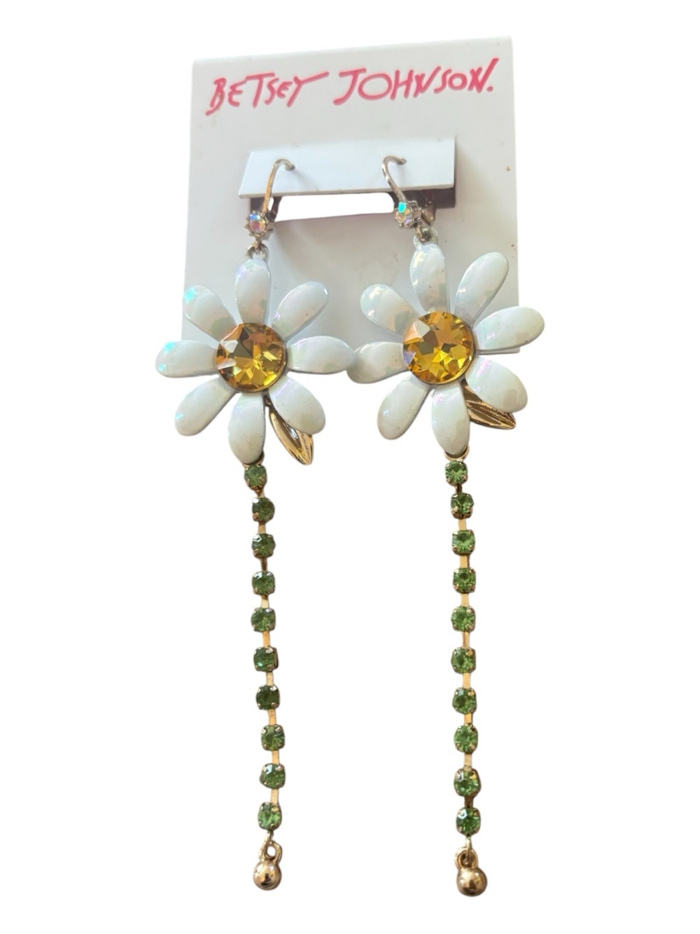 Betsey Johnson White Daisy Earrings with Yellow Centers and Green Crystal Drops